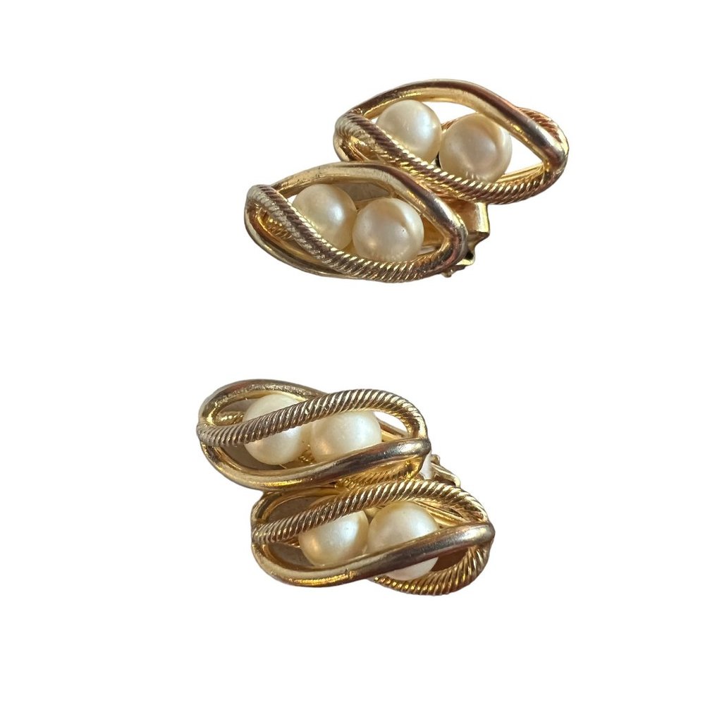 Hobe Clip On Earrings Gold Tone Pearl Twisted Cage - Picture 9 of 11